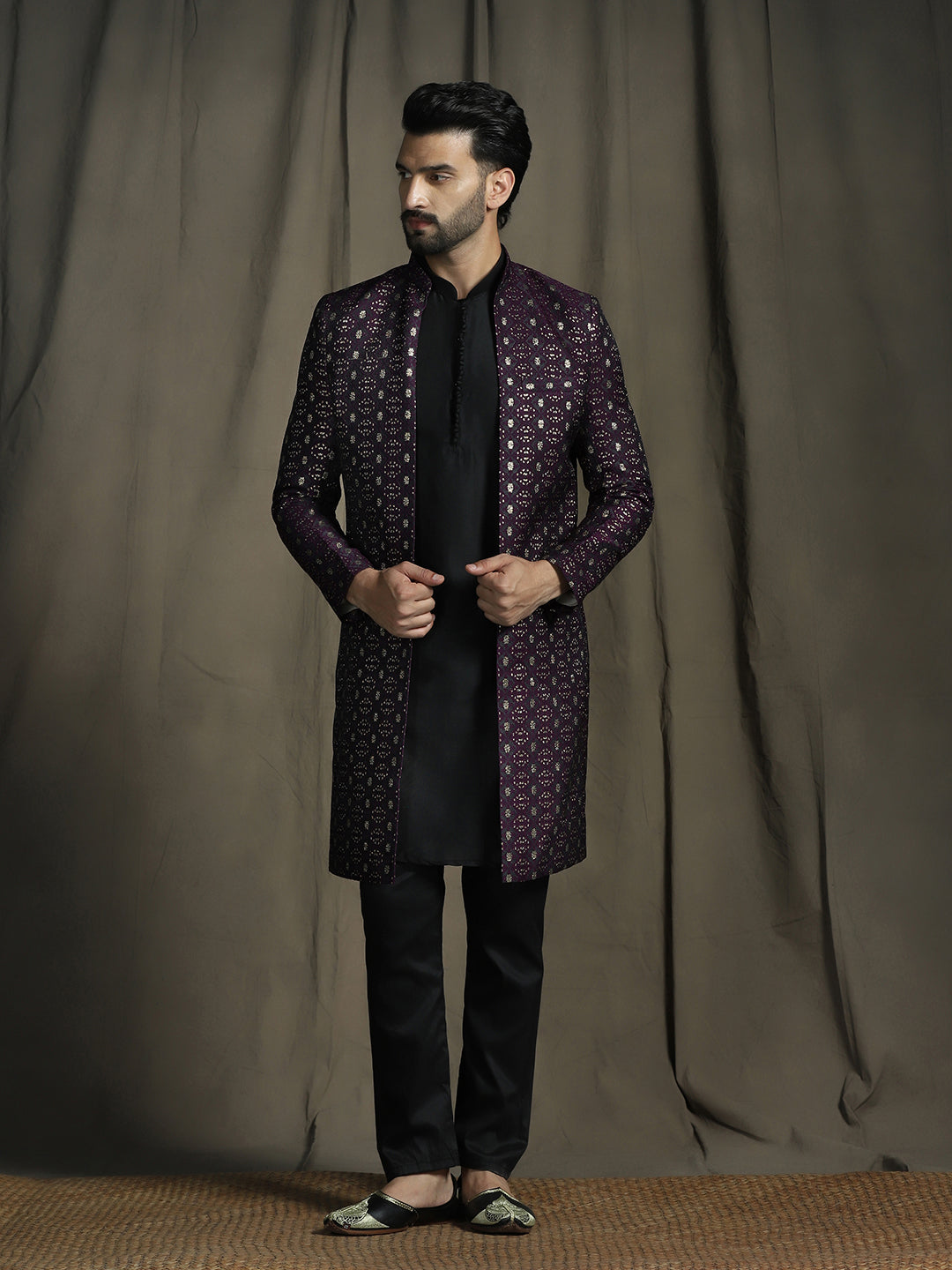Zavaya Purple Embroidery Jacquard Kurta Sherwani Pyjama Set for Men