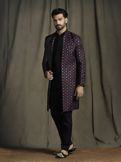 Zavaya Purple Embroidery Jacquard Kurta Sherwani Pyjama Set for Men