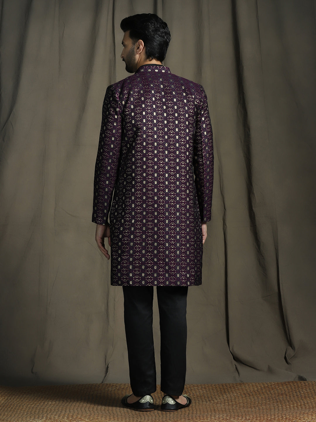 Zavaya Purple Embroidery Jacquard Kurta Sherwani Pyjama Set for Men