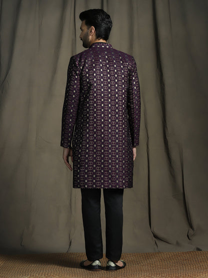 Zavaya Purple Embroidery Jacquard Kurta Sherwani Pyjama Set for Men