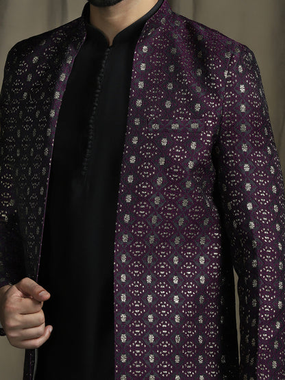 Zavaya Purple Embroidery Jacquard Kurta Sherwani Pyjama Set for Men