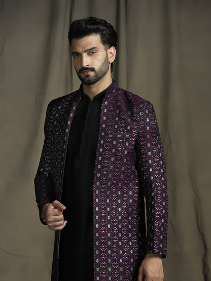 Zavaya Purple Embroidery Jacquard Kurta Sherwani Pyjama Set for Men