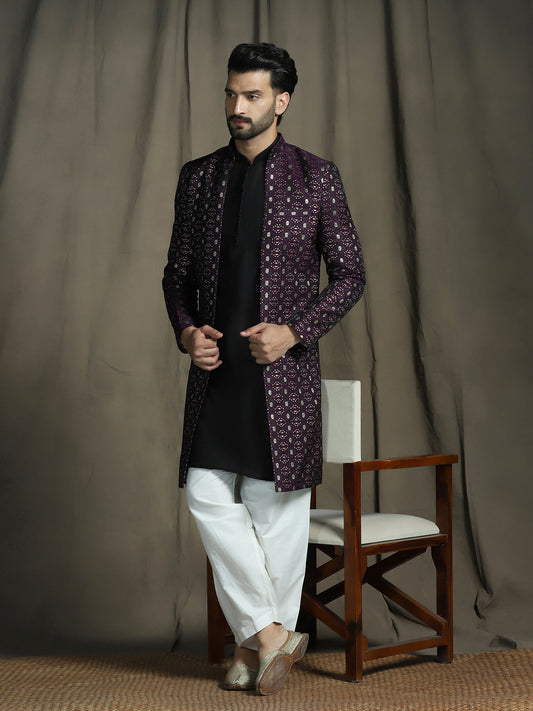 Zavaya Purple Embroidery Jacquard Kurta Sherwani Patiala Set for Men