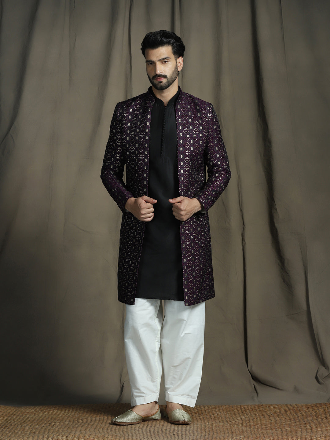 Zavaya Purple Embroidery Jacquard Kurta Sherwani Patiala Set for Men