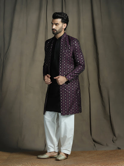 Zavaya Purple Embroidery Jacquard Kurta Sherwani Patiala Set for Men