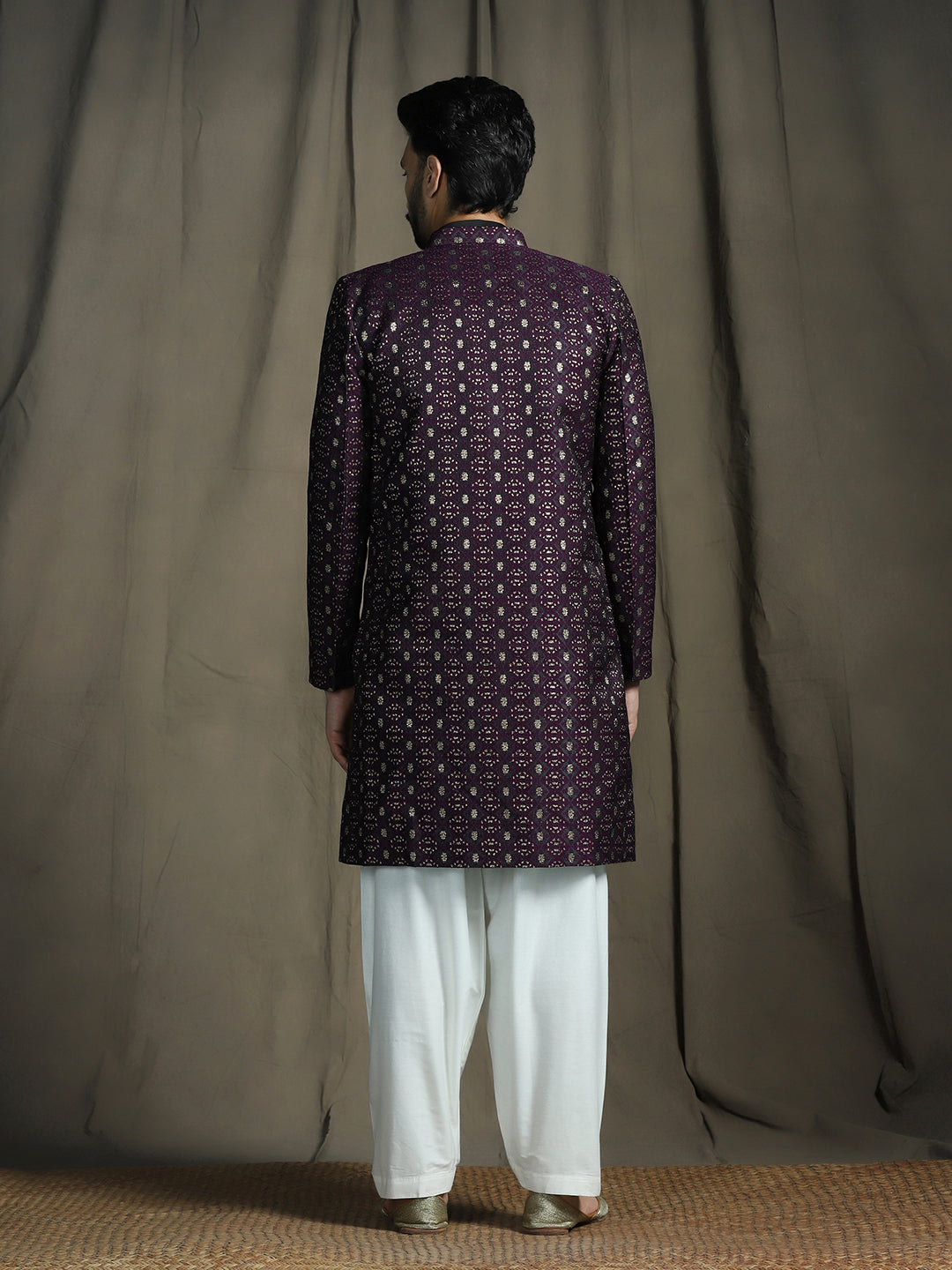 Zavaya Purple Embroidery Jacquard Kurta Sherwani Patiala Set for Men
