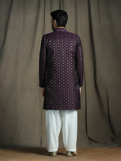Zavaya Purple Embroidery Jacquard Kurta Sherwani Patiala Set for Men