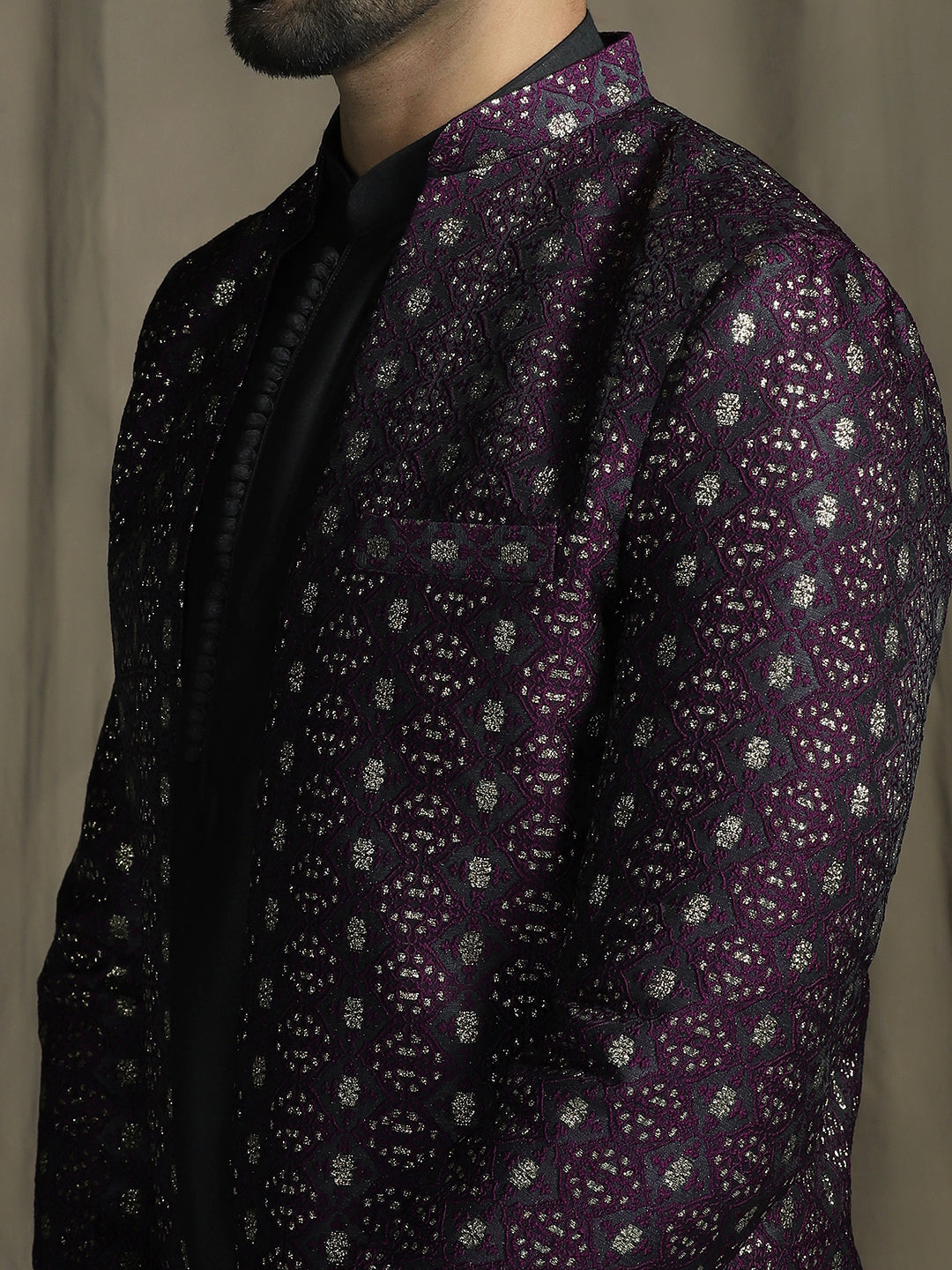 Zavaya Purple Embroidery Jacquard Kurta Sherwani Patiala Set for Men