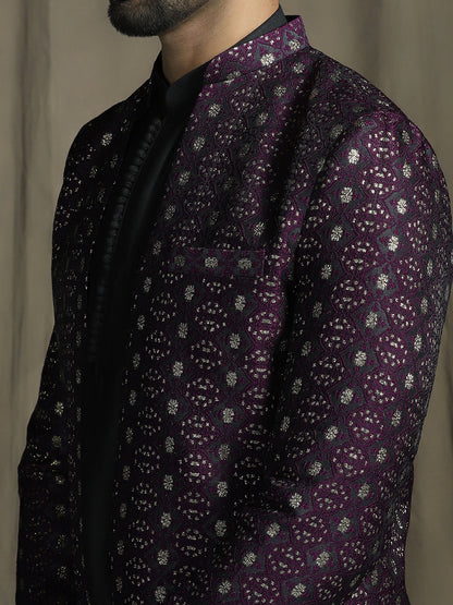 Zavaya Purple Embroidery Jacquard Kurta Sherwani Patiala Set for Men