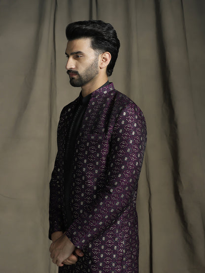 Zavaya Purple Embroidery Jacquard Kurta Sherwani Patiala Set for Men