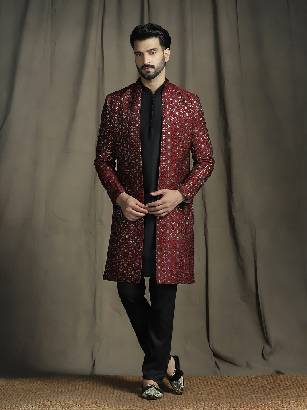 Zavaya Maroon Embroidery Jacquard Kurta Sherwani Pyjama Set for Men