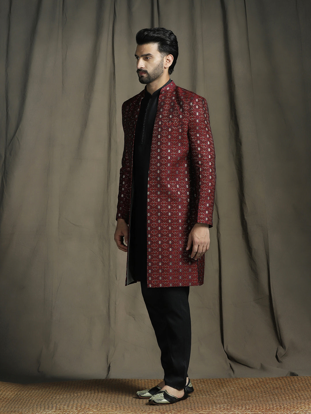 Zavaya Maroon Embroidery Jacquard Kurta Sherwani Pyjama Set for Men