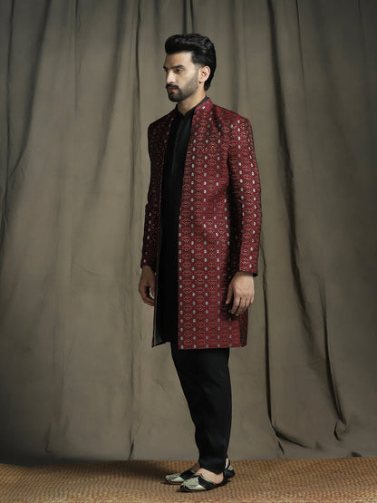 Zavaya Maroon Embroidery Jacquard Kurta Sherwani Pyjama Set for Men