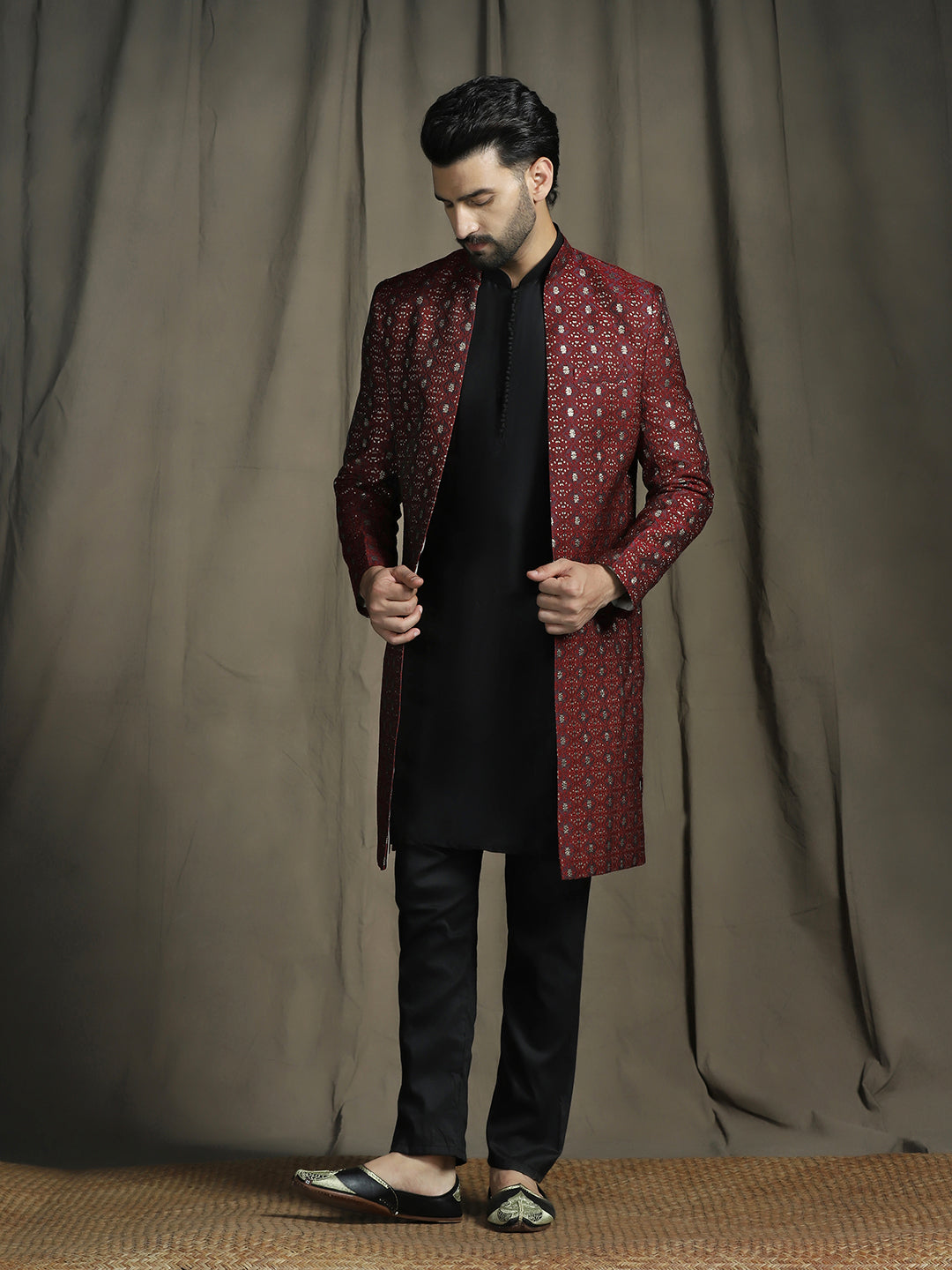Zavaya Maroon Embroidery Jacquard Kurta Sherwani Pyjama Set for Men
