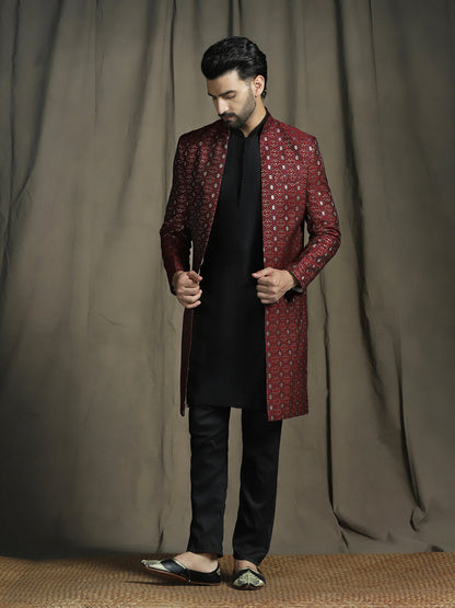 Zavaya Maroon Embroidery Jacquard Kurta Sherwani Pyjama Set for Men