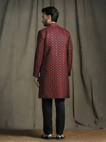 Zavaya Maroon Embroidery Jacquard Kurta Sherwani Pyjama Set for Men