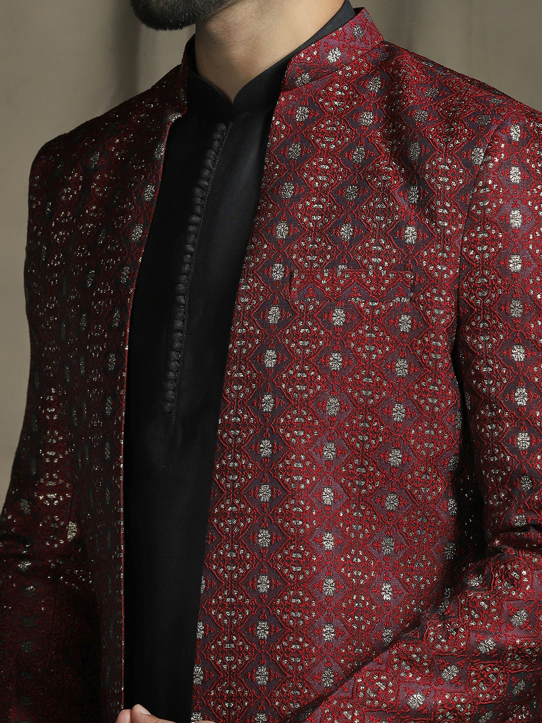 Zavaya Maroon Embroidery Jacquard Kurta Sherwani Pyjama Set for Men