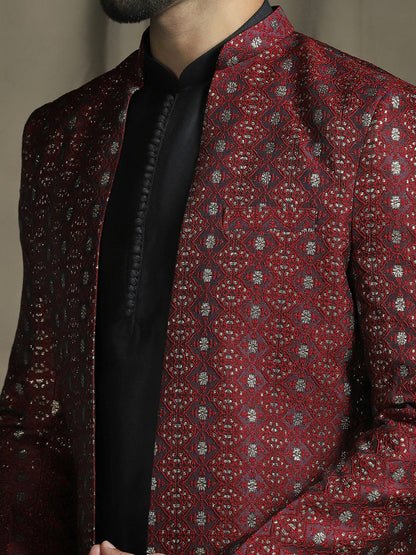 Zavaya Maroon Embroidery Jacquard Kurta Sherwani Pyjama Set for Men