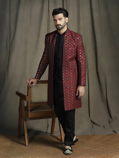 Zavaya Maroon Embroidery Jacquard Kurta Sherwani Pyjama Set for Men