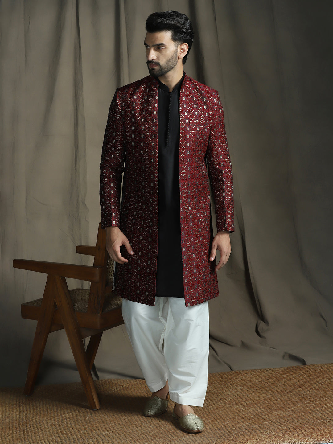 Zavaya Maroon Embroidery Jacquard Kurta Sherwani Patiala Set for Men
