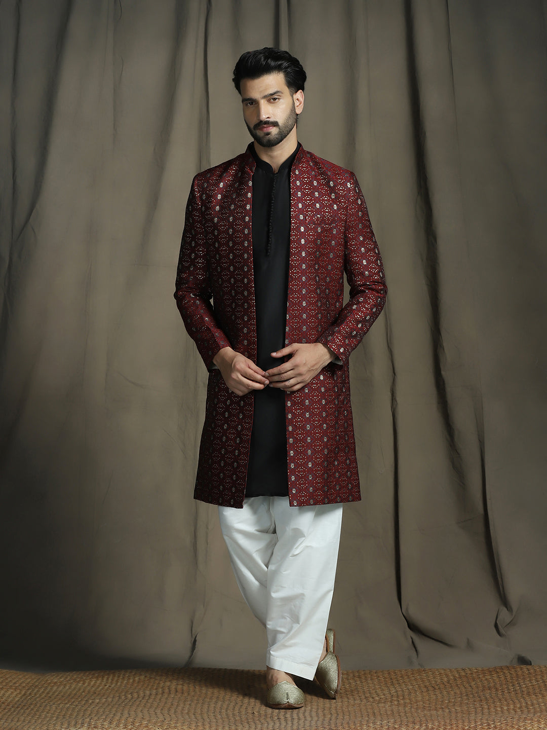 Zavaya Maroon Embroidery Jacquard Kurta Sherwani Patiala Set for Men