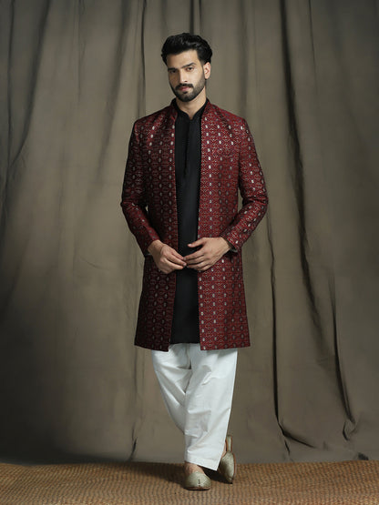 Zavaya Maroon Embroidery Jacquard Kurta Sherwani Patiala Set for Men