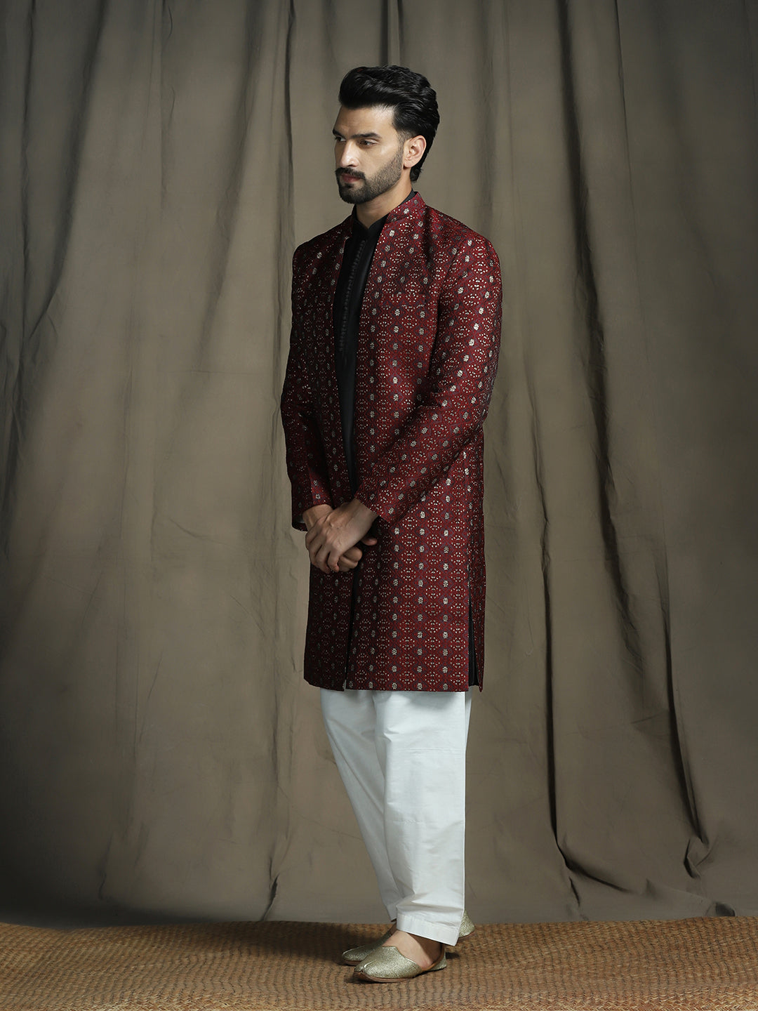 Zavaya Maroon Embroidery Jacquard Kurta Sherwani Patiala Set for Men