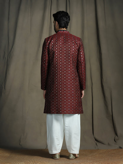 Zavaya Maroon Embroidery Jacquard Kurta Sherwani Patiala Set for Men