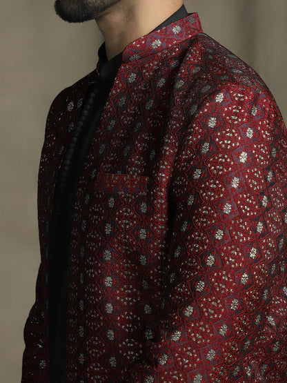 Zavaya Maroon Embroidery Jacquard Kurta Sherwani Patiala Set for Men