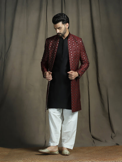 Zavaya Maroon Embroidery Jacquard Kurta Sherwani Patiala Set for Men