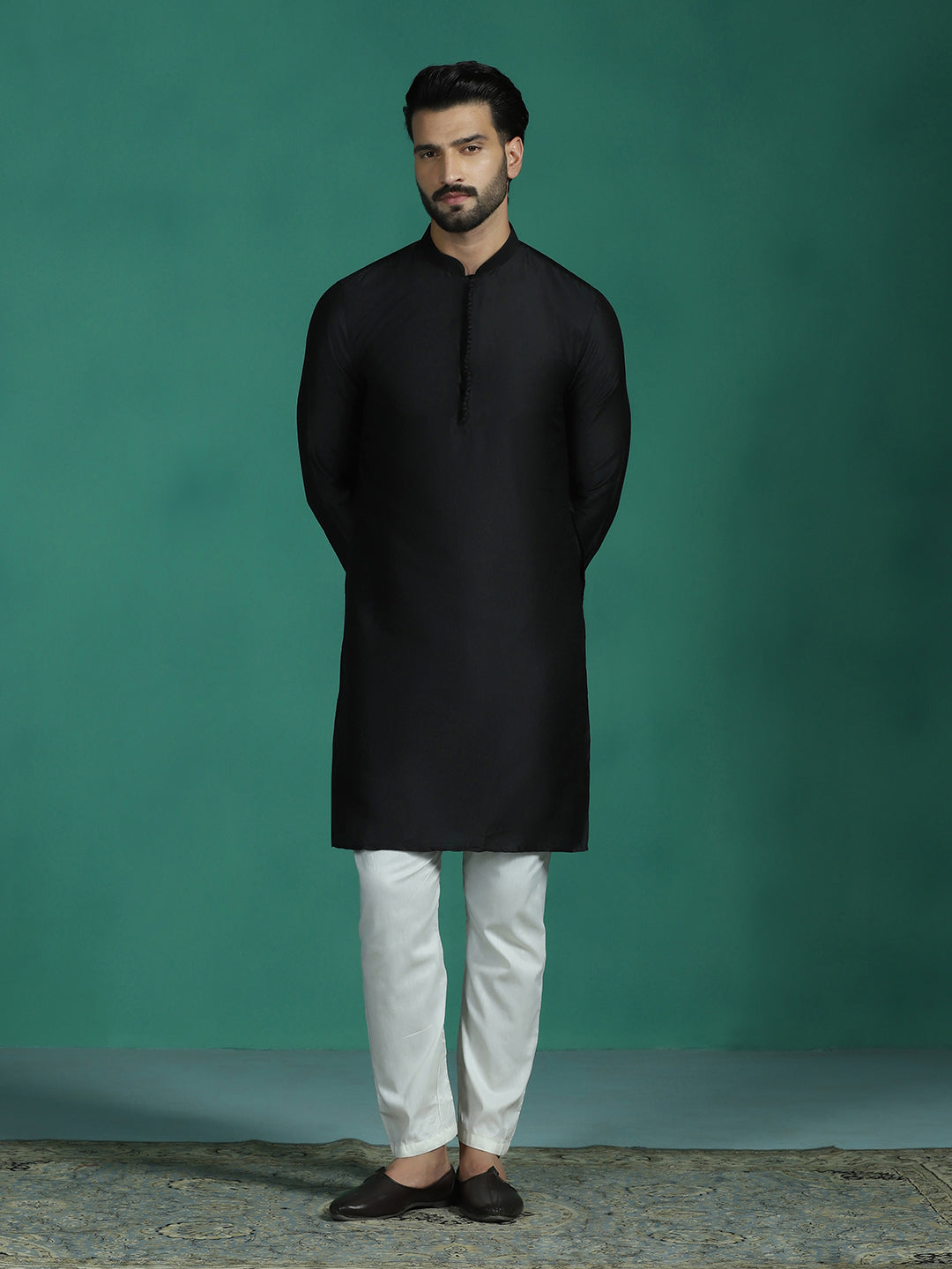 Zavaya Black Plain Polyester Viscose Kurta Pyjama Set for Men
