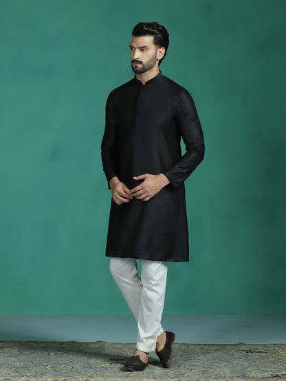 Zavaya Black Plain Polyester Viscose Kurta Pyjama Set for Men