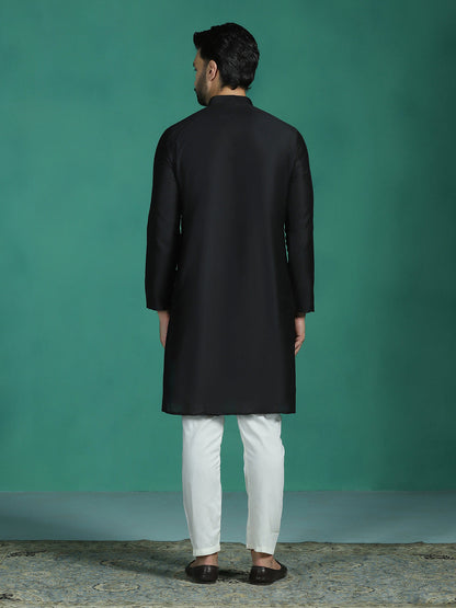 Zavaya Black Plain Polyester Viscose Kurta Pyjama Set for Men
