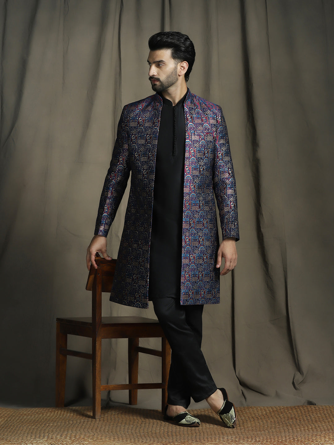 Zavaya Navy Blue Embroidery Jacquard Kurta Sherwani Pyjama Set for Men