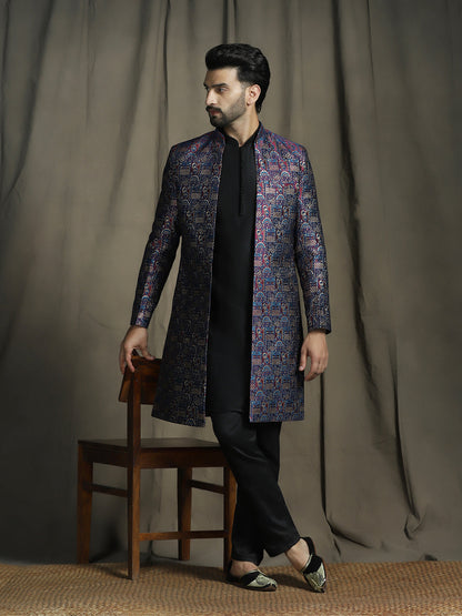 Zavaya Navy Blue Embroidery Jacquard Kurta Sherwani Pyjama Set for Men