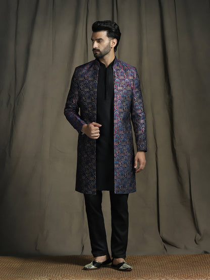 Zavaya Navy Blue Embroidery Jacquard Kurta Sherwani Pyjama Set for Men