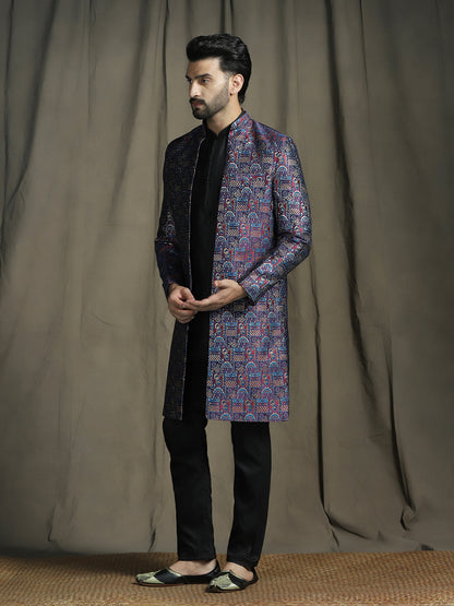Zavaya Navy Blue Embroidery Jacquard Kurta Sherwani Pyjama Set for Men