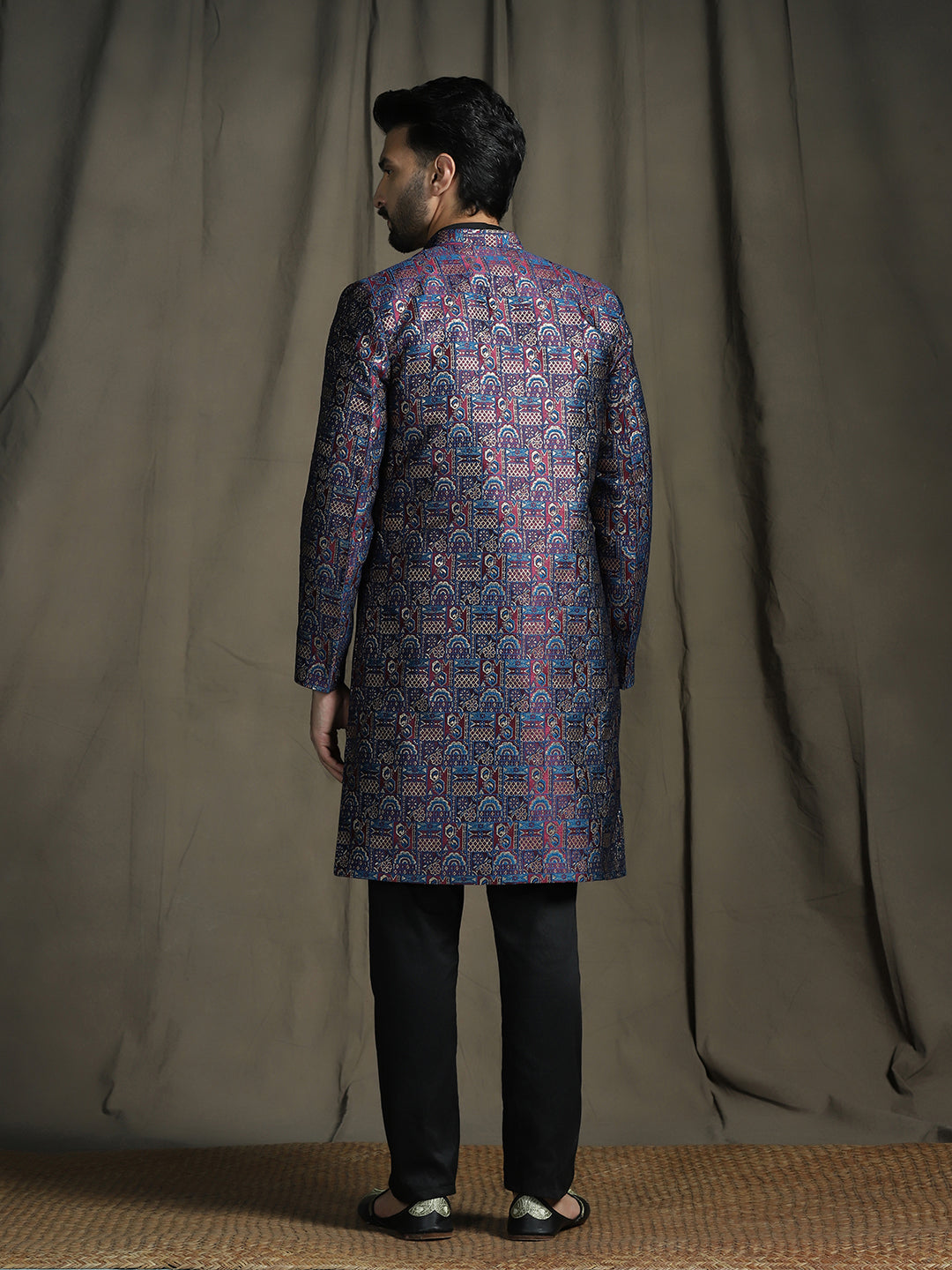 Zavaya Navy Blue Embroidery Jacquard Kurta Sherwani Pyjama Set for Men