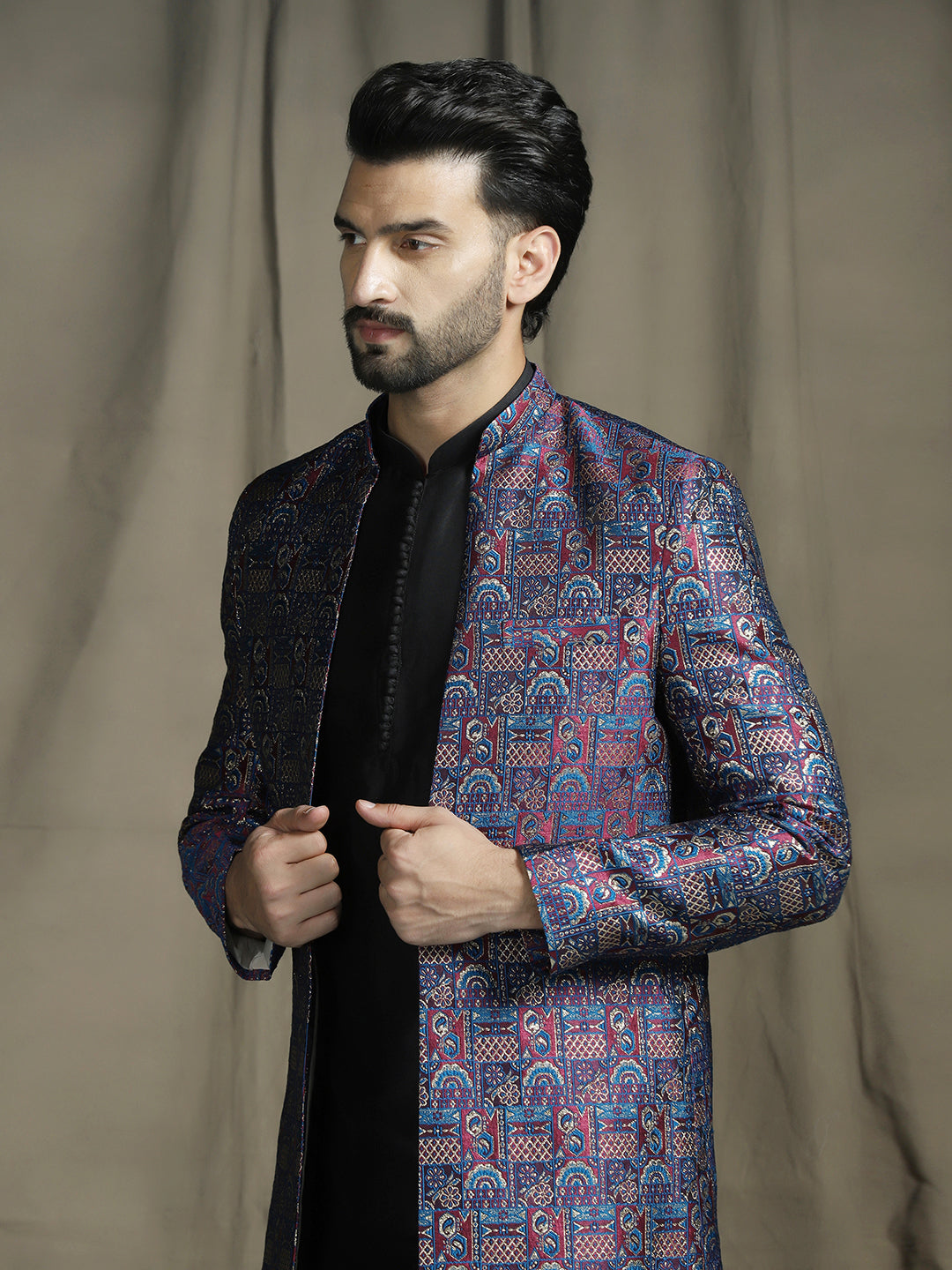 Zavaya Navy Blue Embroidery Jacquard Kurta Sherwani Pyjama Set for Men