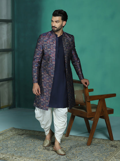 Zavaya Navy Blue Embroidery Jacquard Kurta Sherwani Dhoti Set for Men