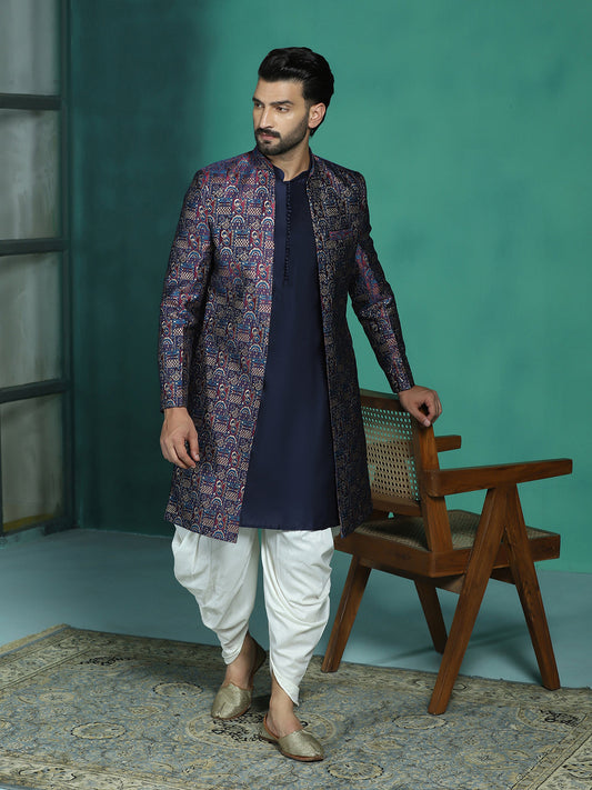 Zavaya Navy Blue Embroidery Jacquard Kurta Sherwani Dhoti Set for Men
