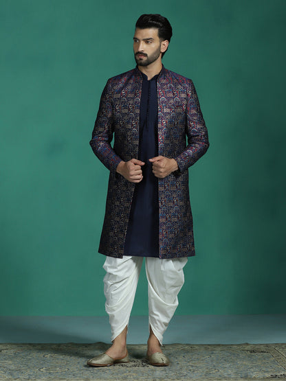 Zavaya Navy Blue Embroidery Jacquard Kurta Sherwani Dhoti Set for Men