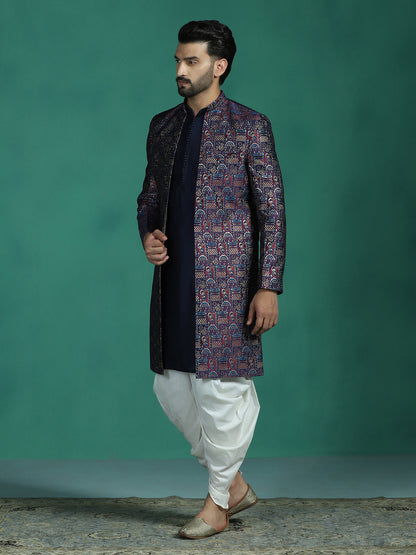 Zavaya Navy Blue Embroidery Jacquard Kurta Sherwani Dhoti Set for Men