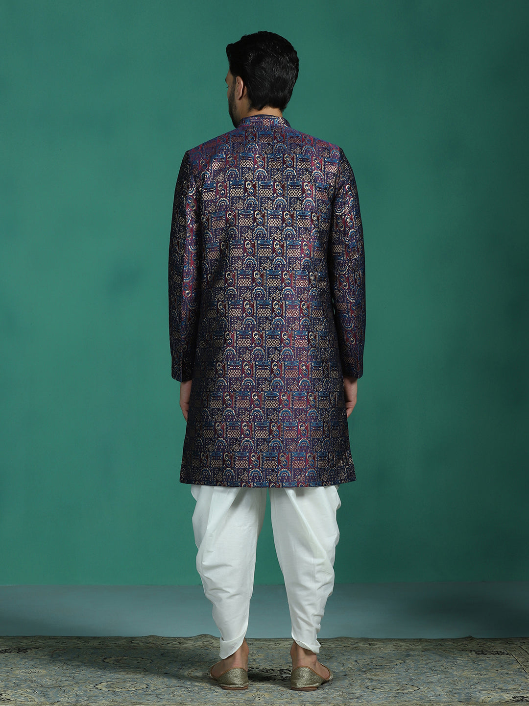 Zavaya Navy Blue Embroidery Jacquard Kurta Sherwani Dhoti Set for Men