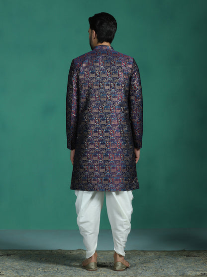 Zavaya Navy Blue Embroidery Jacquard Kurta Sherwani Dhoti Set for Men