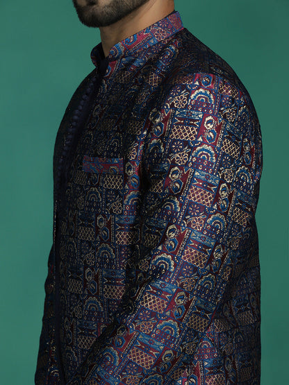 Zavaya Navy Blue Embroidery Jacquard Kurta Sherwani Dhoti Set for Men