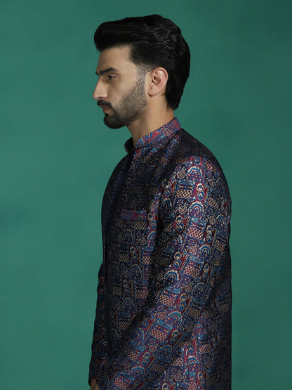 Zavaya Navy Blue Embroidery Jacquard Kurta Sherwani Dhoti Set for Men