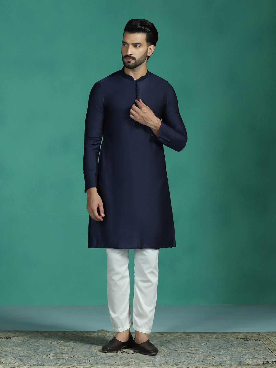 Zavaya Navy Blue Plain Polyester Viscose Kurta Pyjama Set for Men
