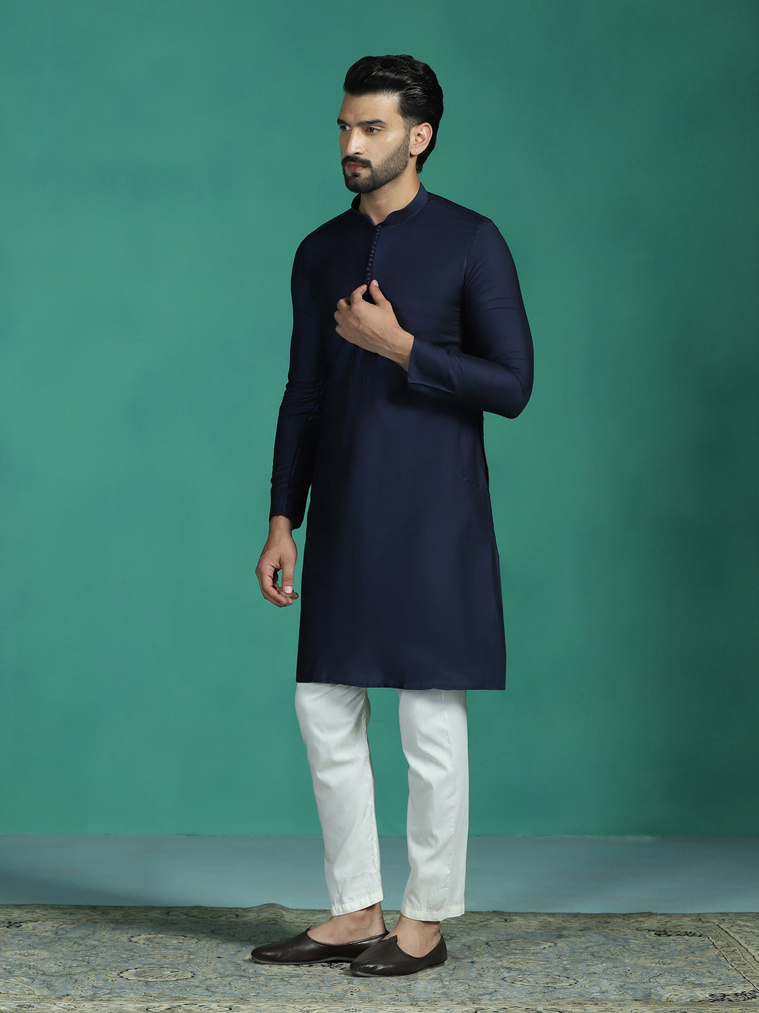 Zavaya Navy Blue Plain Polyester Viscose Kurta Pyjama Set for Men