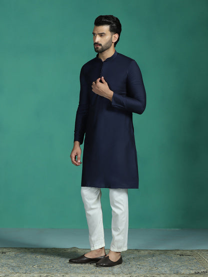 Zavaya Navy Blue Plain Polyester Viscose Kurta Pyjama Set for Men